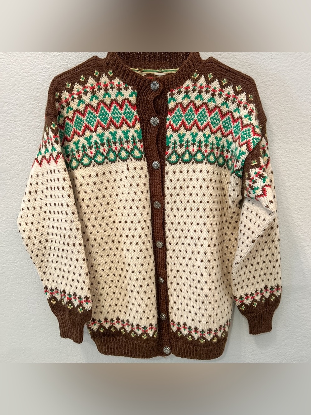 Vintage Hand Knit Norwegian Nordic Wool Sweater Cardigan Brown Green Tan Medium
